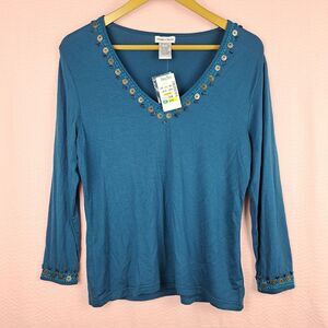 NEW Andre Oliver Women Blouse Embellished Blue Viscose Blend Size L Slim Fit